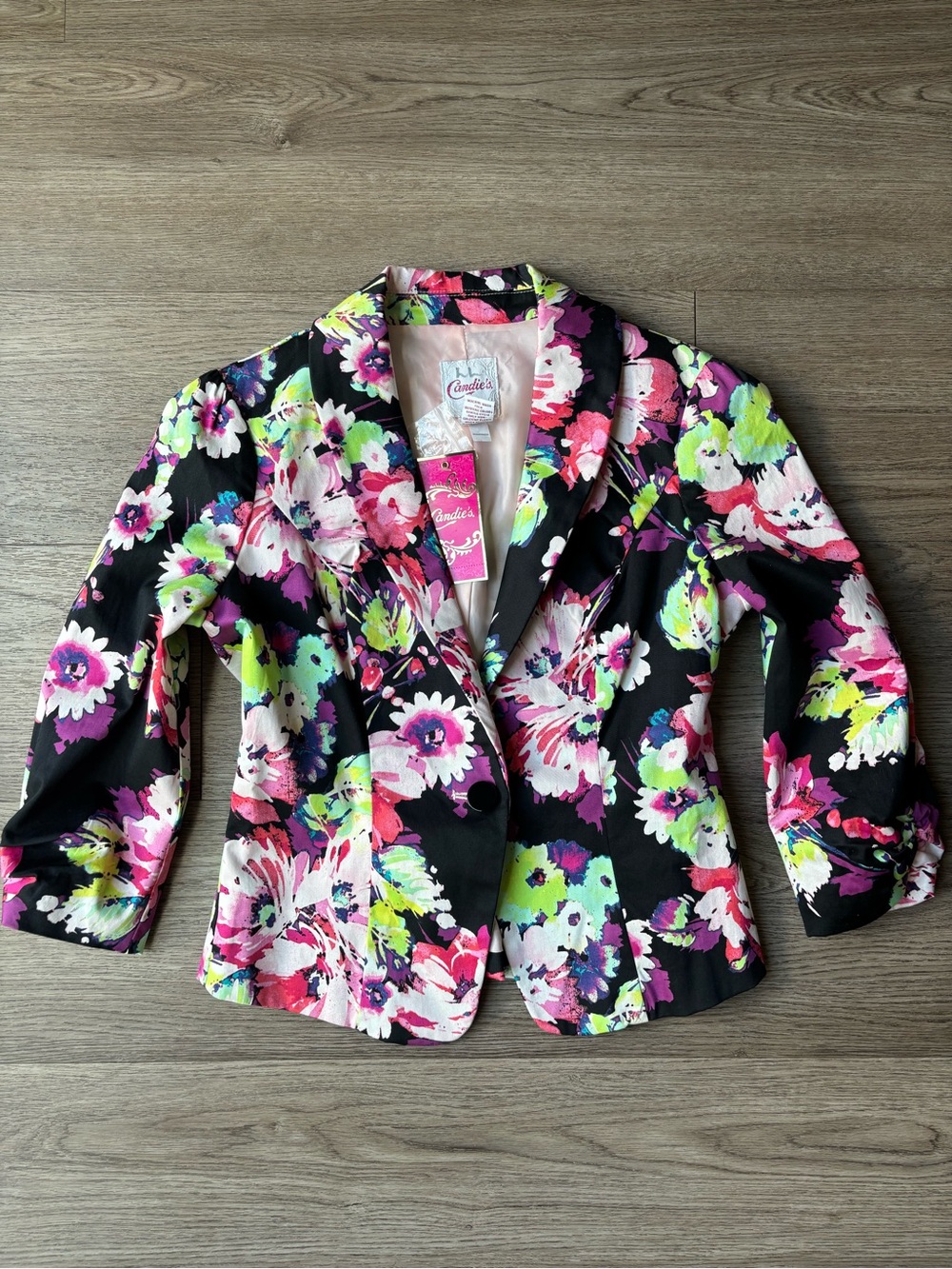 NWT Candie's Black Floral Cotton Blazer Jacket, 3/4 Sleeve